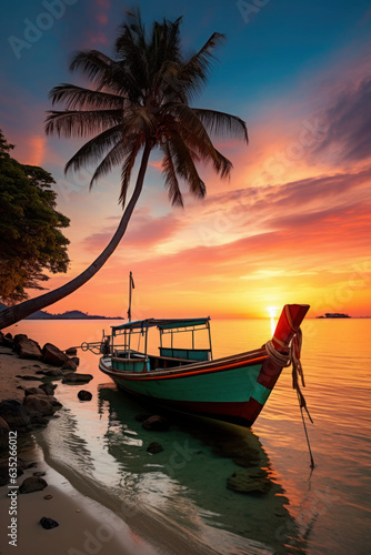 tropical paradise island. an old boat floats at sunset near the palm trees. vacation and romantic evening. © Svetlana