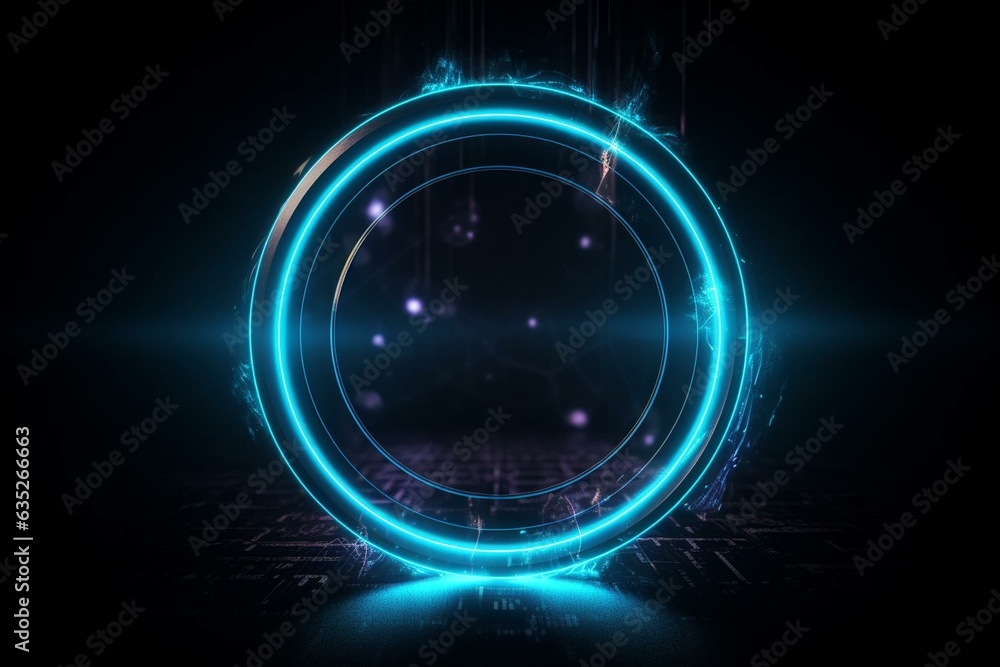 Abstract neon circle on space background in spotlight. Theme: lighting, frame, digital art, design, innovation. Finest. Generative AI