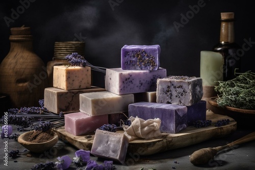 Assorted soap bars made with lavender, cotton, and patchouli on a stone background. Generative AI