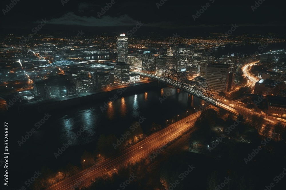 Night view of city lights in Portland. Generative AI