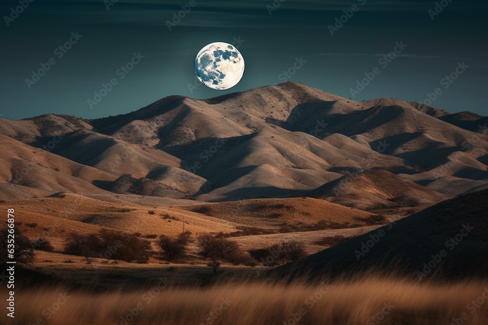 A full moon shines over the Tehachapi Mountains in Kern County, California. Generative AI