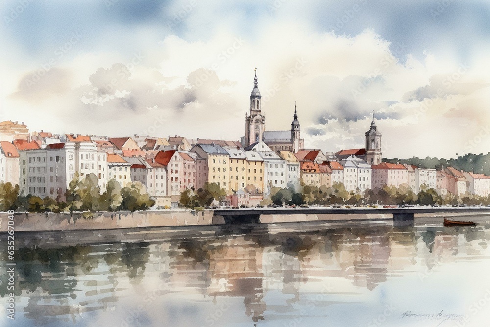 Watercolor painting of Rzeszow's city skyline. Generative AI
