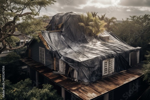 Damaged house rooftop with plastic tarp after Hurricane Ian; protecting against rain until shingles are replaced. Generative AI