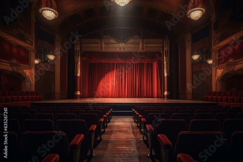 Illustration of an empty theater stage with red curtain and seats. Generative AI © Edward