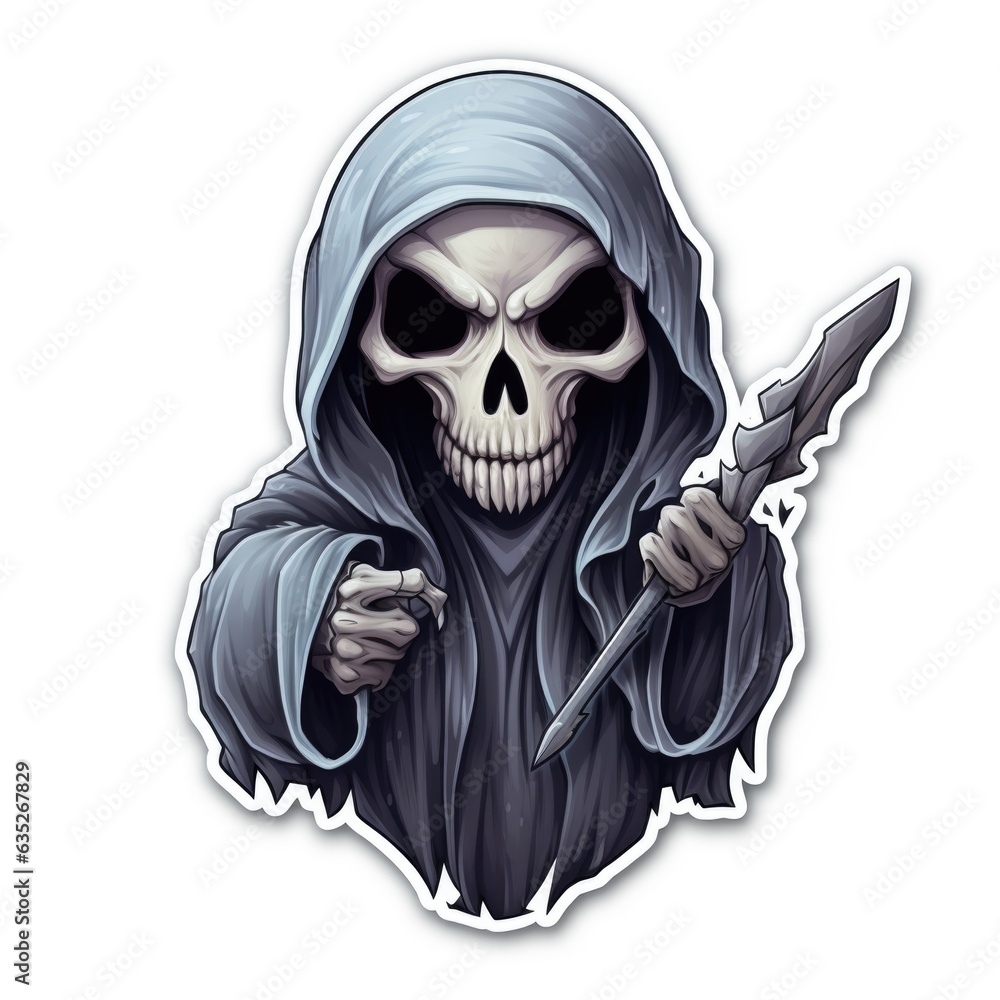 A sticker of a skeleton holding a scythe. Digital image. A sticker of a skeleton holding a scythe. Digital image.
