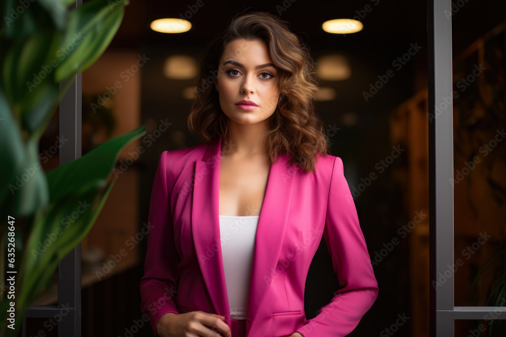 A Confident and Fashion-Forward Woman in a Pink Blazer and White Top, Embracing Modern Power and Sophistication with a Green Plant in the Background
