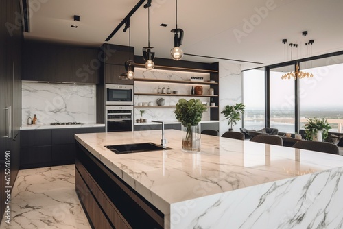 Elegant kitchen featuring beautiful white marble countertops and a spacious island. Generative AI