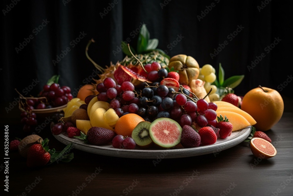 Assorted fruits artfully arranged on a plate. Generative AI