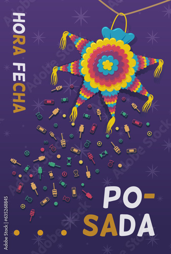 cartel invitación de posada de navidad en México. Piñata soltando muchos dulces de colores