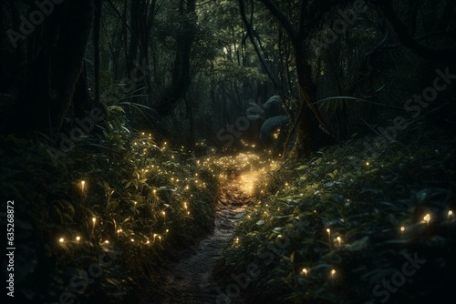 Enchanting fireflies light up a mystical trail. Generative AI