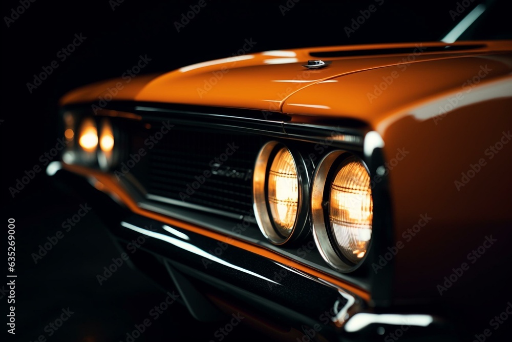 Front lights of a customized orange car on a black background, with room for text. Generative AI