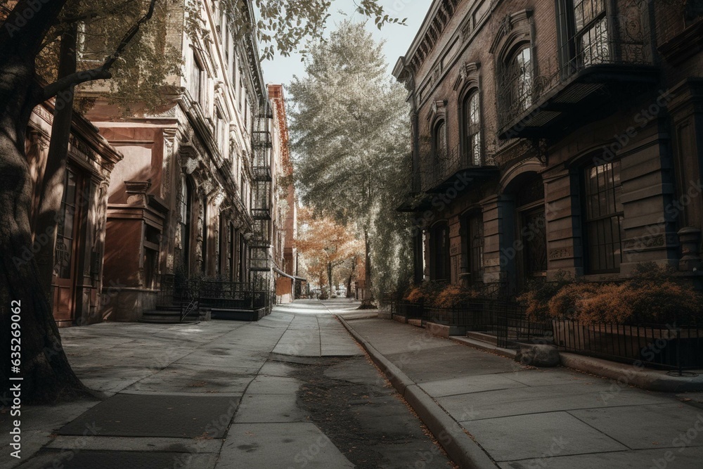 Empty sidewalk with old brownstone buildings in Greenwich Village, NYC. Generative AI