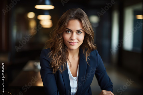 A Confident and Successful Businesswoman in a Navy Blue Suit  Posing with Style and Ambition at her Modern Workplace  with a Glass of Wine in front of her