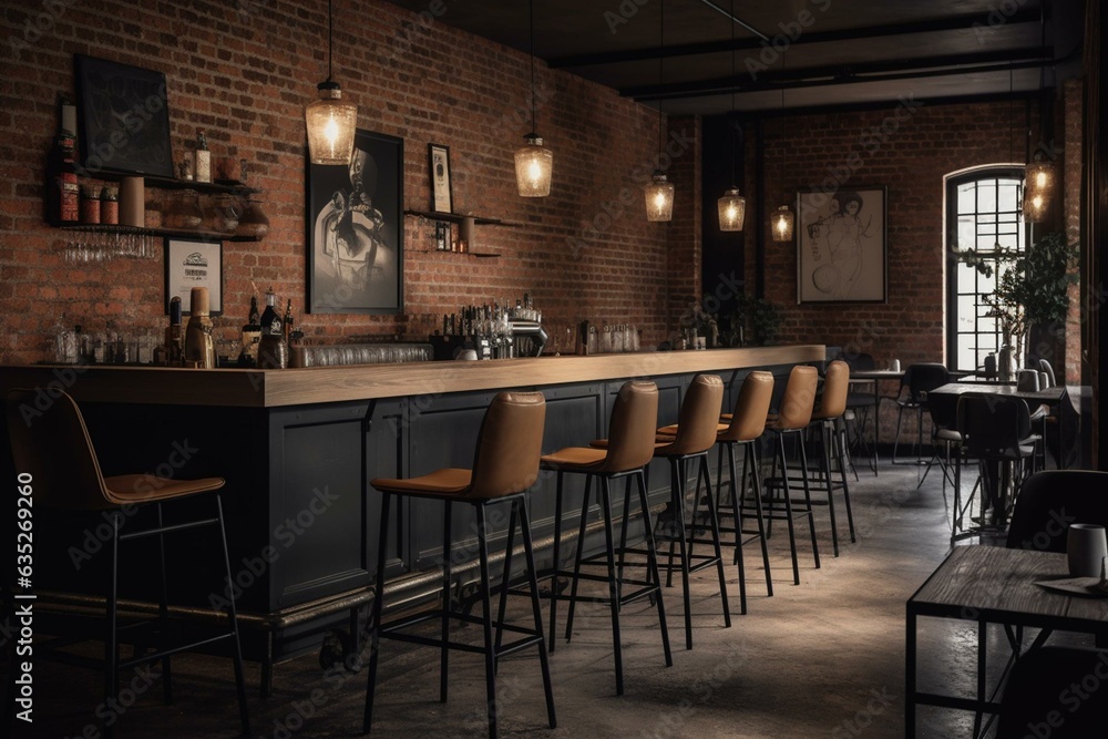 Industrial-inspired interior with brick walls, black bar, stools, wooden tables/chairs, concrete floor, banner, and mockup. Generative AI