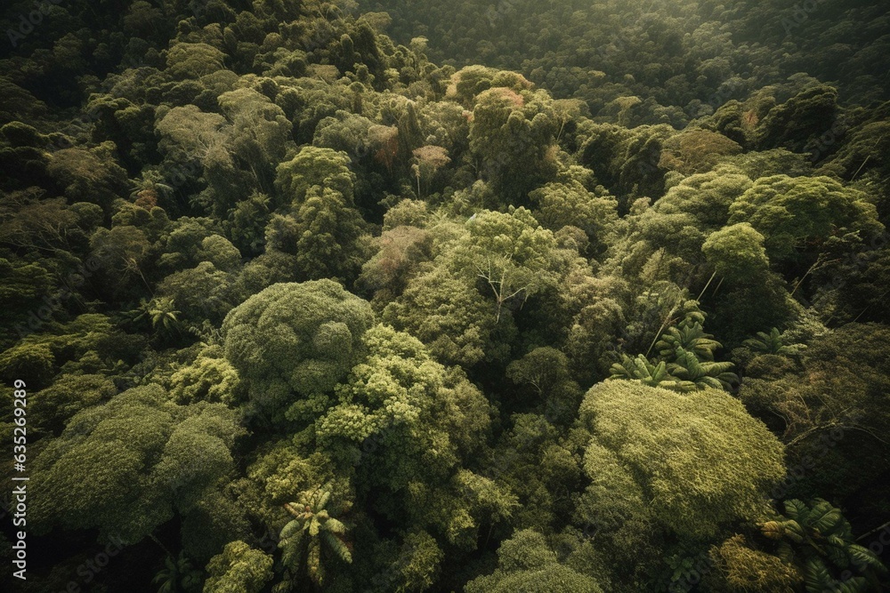 Aerial shot of lush rainforest showcasing abundant natural ecosystems and emphasizing the importance of forest preservation and reforestation. Generative AI