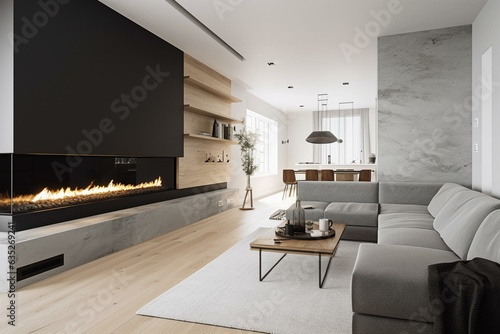 Modern interior design featuring a living area with a sleek gas fireplace. Generative AI