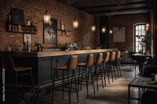 Industrial-inspired interior with brick walls, black bar, stools, wooden tables/chairs, concrete floor, banner, and mockup. Generative AI © Daniel