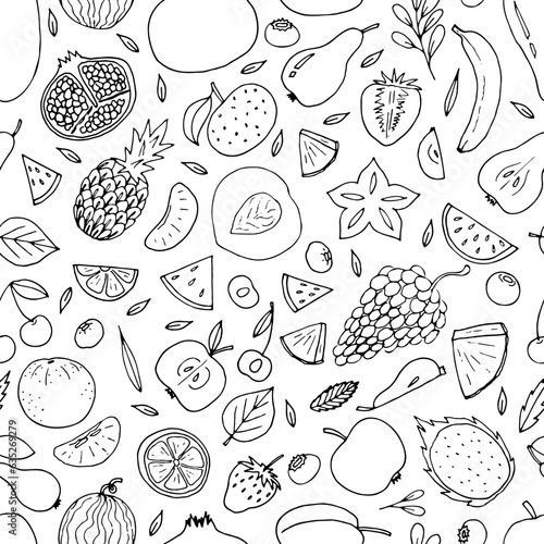 Cute hand drawn seamless pattern with summer fruits and berries. Healthy food background. Trendy textile print