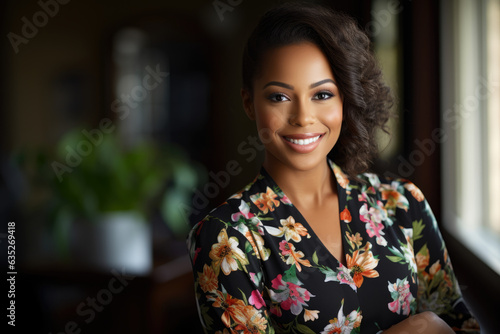 Elegantly poised secretary with a charming smile wearing a vibrant floral print turtleneck sweater, exuding professionalism and style