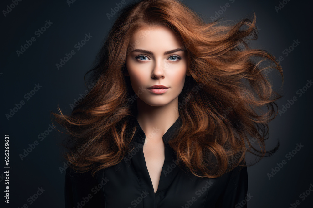 Captivating Portrait of a Skilled and Confident Female Hairdresser with Long Red Hair, Expertly Styling Hair in a Fashionable Salon