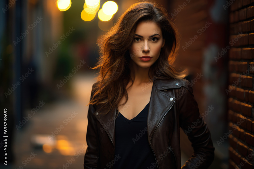 A Captivating Urban Portrait: A Confident Woman with Brown Hair, Wearing a Black Dress and Brown Leather Jacket, Standing Gracefully in Front of a Brick Wall