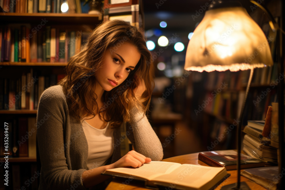 A Captivating Portrait of an Insecure Woman Immersed in the Enchanting Ambiance of a Cozy Bookstore, Lost in the Pages of Her Thoughts A Captivating Portrait of an Insecure Woman Immersed in the Enchanting Ambiance of a Cozy Bookstore, Lost in the Pages of Her Thoughts