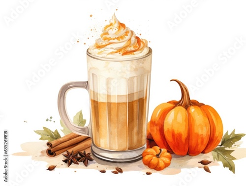 A cup of coffee with whipped cream and pumpkins. Digital image. Pumpkin spice latte.
