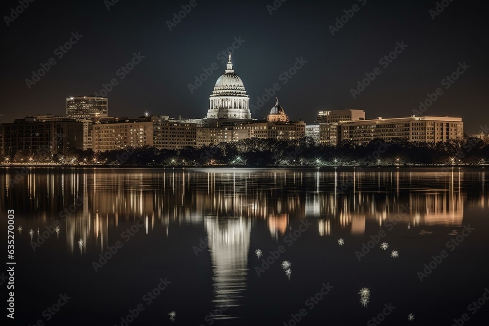 Skyline of Madison, WI reflected on Lake Monona. Generative AI