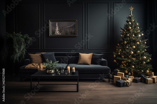 Christmas-themed living room with black sofa against a dark wall, adorned with gifts and a Scandinavian-style Christmas tree. Generative AI