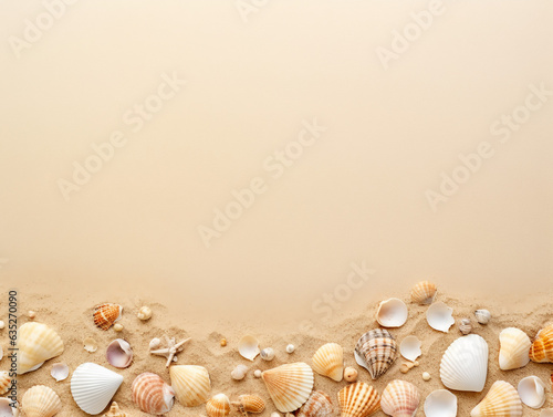 top view Summer time Composition of sea shells on white background