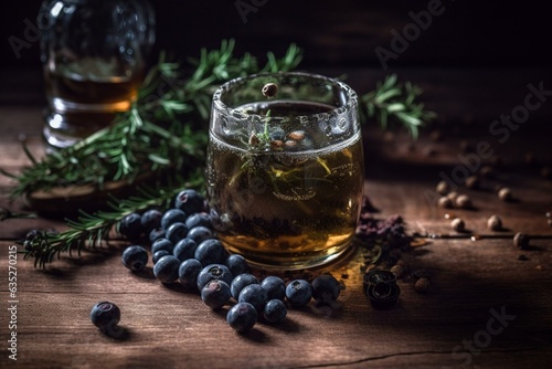 An alcoholic beverage derived from juniper berries, known for its aromatic and distinctive flavor. Generative AI
