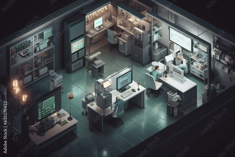 An isometric illustration of a laboratory technician performing experiments at a computer workstation. Generative AI