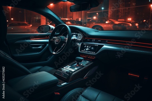 Contemporary car interior with ambient LED light at night. Generative AI © Adira