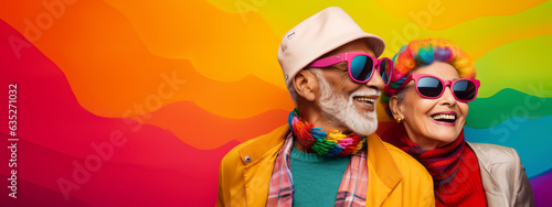 Happy elderly couple in love, hugging and smiling together on a colorful background. Active senior lifestyle concept : Sunset of life in colors.