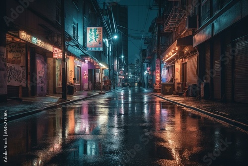 Wet city alley at night with neon reflections, smoky atmosphere, and searchlight. Generative AI