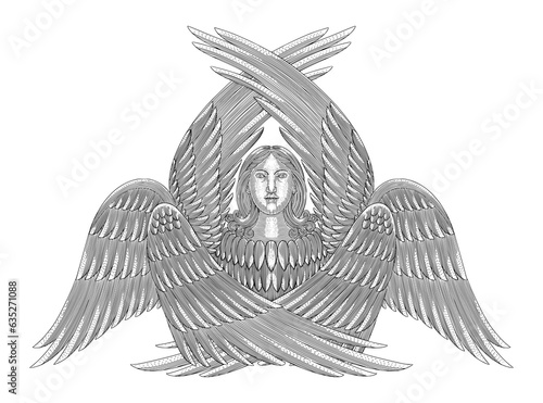 Seraphim angel, six winged Ange. vintage engraving drawing style vector illustration
