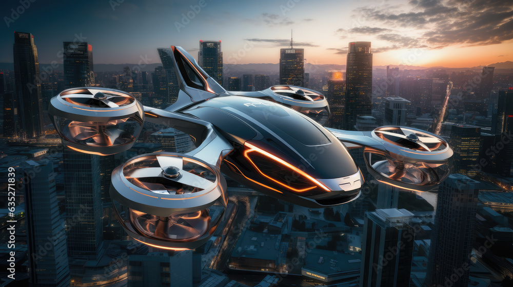 Vertical take-off electric flying cars in airspace on airways in sky over cities and metropolis. Vertical take-off electric flying cars in airspace on airways in sky over cities and metropolis.