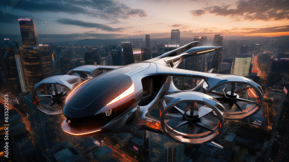 Vertical take-off electric flying cars in airspace on airways in sky over cities and metropolis. Vertical take-off electric flying cars in airspace on airways in sky over cities and metropolis.