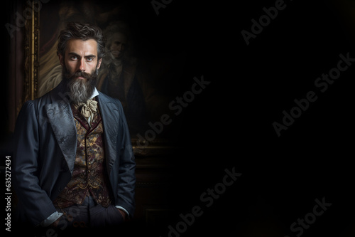 Classic portrait of a bearded Victorian gentleman on black background and copy space. Great for quotes and messages. Easy reversible.
