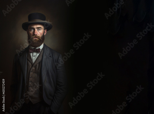 Classic portrait of a bearded Victorian gentleman with hat on black background and copy space. Great for quotes and messages. Easy reversible.