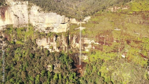 Govetts leap lookout in the Blue Mountains of Austrlaia aerial 4k.
 photo