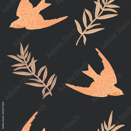 Romantic vintage illustration. Fashion folk seamless pattern with plants branch and flying sparrows. Hand drawn scandinavian style repeat wallpaper. Vintage contemporary art. Ornament design templates