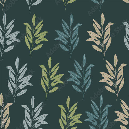 PrintDecorative floral Seamless pattern. Tropical plants repeat background. Vintage hand drawing botanical foliage isolated. Trendy Vector print. Retro jungle leaves illustration. Template design