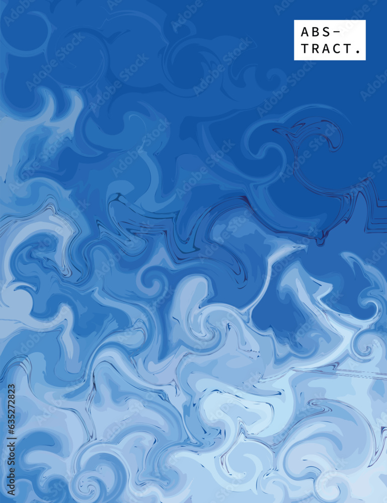Abstract blue fluid marble paint background template copy space. Contemporary artwork backdrop design for event poster, banner, leaflet, magazine, presentation, cover, or brochure.