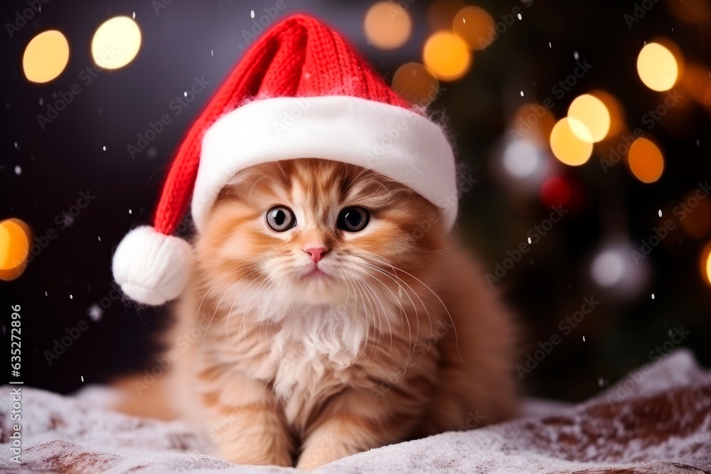 A cute kitten in a red Santa hat is sitting near the Christmas tree. New year and christmas concept. A cute kitten in a red Santa hat is sitting near the Christmas tree. New year and christmas concept.