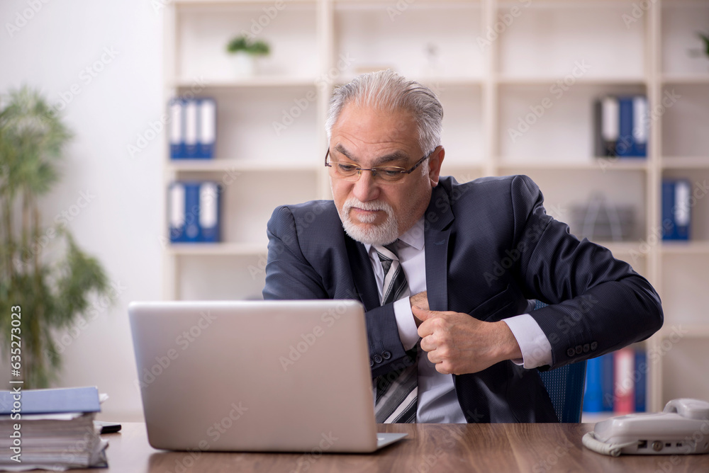 Old male employee working in the office Old male employee working in the office