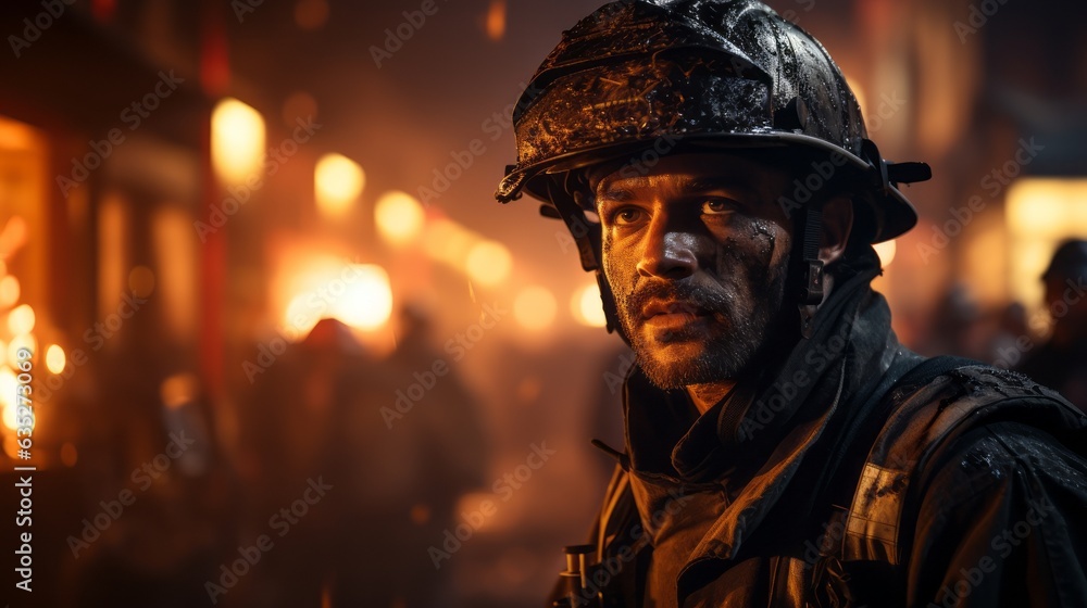 Obraz premium A firefighter at a house fire. Generative AI.