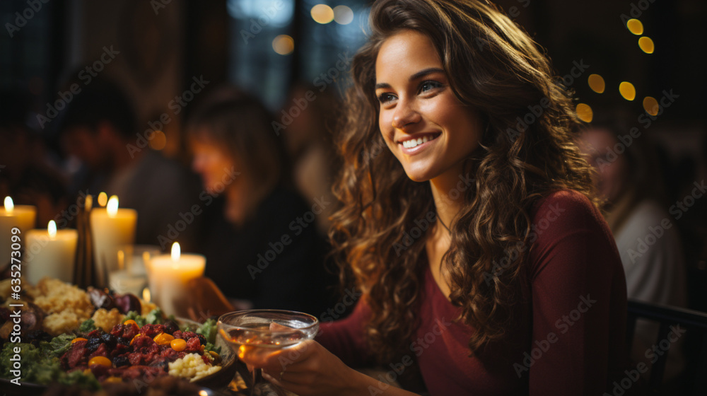 Photorealistic concept of a young, white woman sitting at a table for thanksgiving