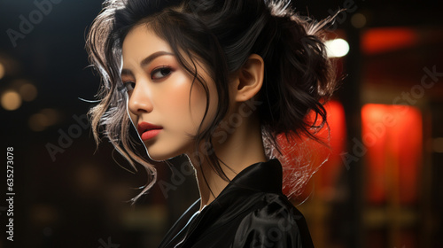 Photorealistic concept of one young japanese model, posing with dark hair