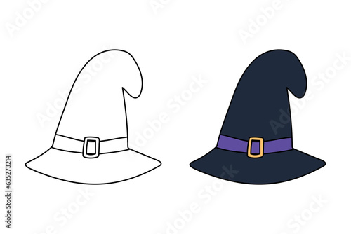 Cute cartoon Wide Brimmed Witch Hat with Conical Crown coloring book for children.